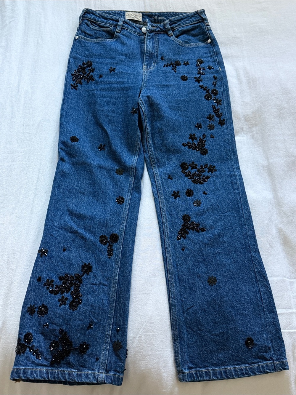 Pilcro Blue Wide-Leg Jeans with Black Sequin Floral Embellishment